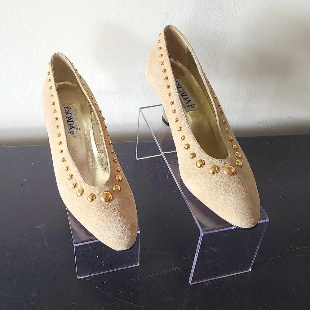 ESCADA Suede Canary Pumps, Gold circle dot detail.